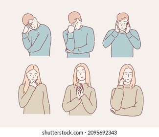 Confused people thinking together. Hand drawn style vector design illustrations.