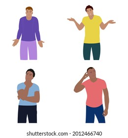 Confused people thinking or wondering set. Young men thinking of something vector isolated illustration. Confused male vector in flat style. 