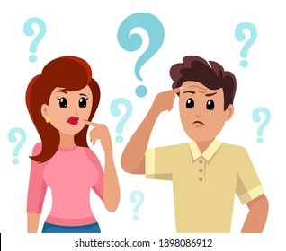 Confused People. Worried Man And Woman Thinking, Worriness Image, Cartoon Couple Doubt With Choice Questions Marks Vector Illustration