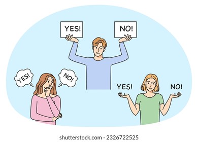 Confused people with yes and no signs making decision. Frustrated male and female characters have dilemma, deciding to approve or reject. Vector illustration.