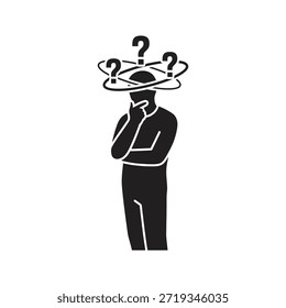 Pessoa confusa tontura ícone de vetor preto sólido isolado fundo branco pensamento estresse cefaleia símbolo gráfico design ilustração