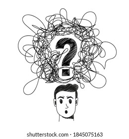 Confused person handdrawn illustration. Cartoon vector clip art of a portrait of a surprised man with confused thoughts and a question in his head. Black and white sketch of misunderstanding concept