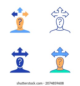 Confused person icon set in flat and line style. Indecisiveness symbol. Vector illustration.