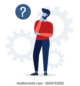 Confused person looking at question mark. Man doesn't know. Character tries to find a solution