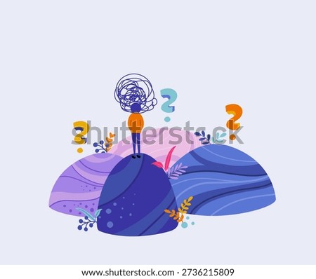 Confused Person with Question Marks – Mental Health, Anxiety and Decision Paralysis Concept