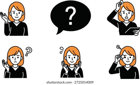 Persona confundida que muestra múltiples gestos y expresiones de incertidumbre, signo de interrogación, burbuja de discurso, indagación y concepto de pensamiento