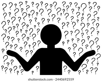 Confused Person silhouette thinking in a thoughtful pose on background of a pattern of hand-drawn question marks. Choice, problem solving concept. Vector people character illustration in line style