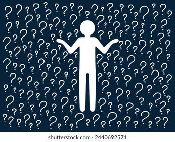 Confused Person silhouette thinking in a thoughtful pose on background of a pattern of hand-drawn question marks. Choice, problem solving concept. Vector people character illustration in line style