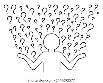 Confused Person silhouette thinking in a thoughtful pose on background of a pattern of hand-drawn question marks. Choice, problem solving concept. Vector people character illustration in line style