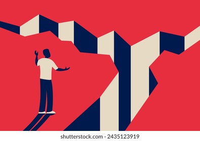 Confused person standing in front of abyss obstacle abyss on his way. Business strategy risks and challenge