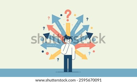 A confused person is surrounded by arrows and question marks, symbolizing decision-making, problem-solving, and uncertainty. Perfect for presentations, blog posts, websites, and marketing materials.