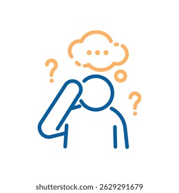 Confused person with thought bubble and question marks icon. Memory loss, alzheimer, cognitive decline. vector thin line illustration, editable stroke