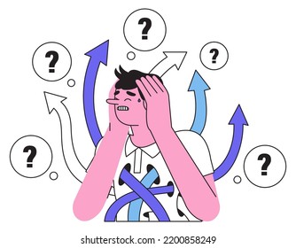 Confused person try to make difficult and hard descision or choice. Male character search for or figure out right life, business or career path or direction. Puzzled man lost way among arrows. 