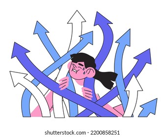 Confused person try to make difficult and hard descision or choice. Male character search for or figure out right life, business or career path or direction. Puzzled man lost way among arrows. 