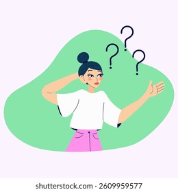 Confused person. Young girl doubts and has a question. Cartoon isolated vector illustration