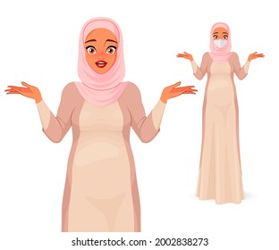 Confused pregnant Muslim woman in mask shrugging shoulders. I don't know expression. Vector character isolated on white background.