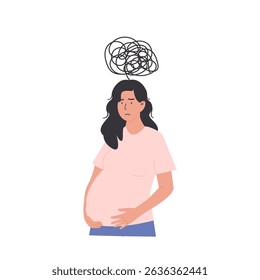 Mulher grávida confusa com pensamentos mistos, simbolizando carga mental, incerteza e sobrecarga emocional durante a gravidez. Ilustração de vetor de estilo plano isolada no plano de fundo branco.