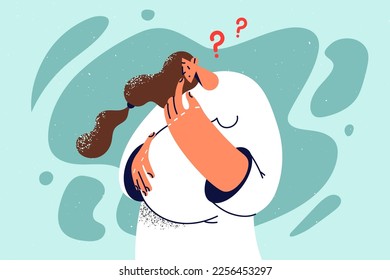 La mujer embarazada confusa que toca el vientre busca una solución para el problema. Futura madre frustrada por el dilema o la toma de decisiones. Concepto de embarazo. Ilustración vectorial. 