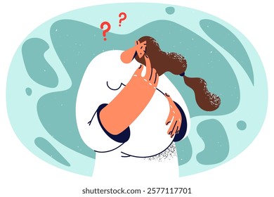 Confused pregnant woman touch belly look for problem solution. Future mother frustrated about dilemma or making decision. Pregnancy concept. Vector illustration.