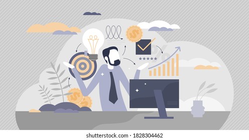 Confused product manager as unprofessional employee work tiny person concept. Unclear project strategy or information loss expression vector illustration. Questions about job and business future scene