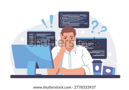 A confused programmer sitting at a desk with a computer and code windows in flat style on a light background, showing the concept of coding stress. Hand-drawn vector illustration