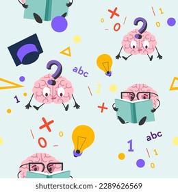 Confused or puzzled brain character reading books and looking for answers on mathematical problem. Light bulb and formulas. Seamless pattern, wallpaper or background print. Vector in flat style