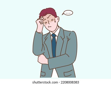 Confused puzzled preoccupied businessman. Hand drawn in thin line style, vector illustrations.