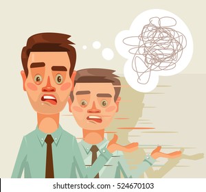 Confused puzzled thinking office worker man character. Split personality. Vector flat cartoon illustration