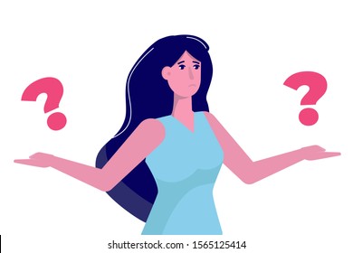 Confused, puzzled  woman.  Female choice, life balance concept.  Vector illustration.