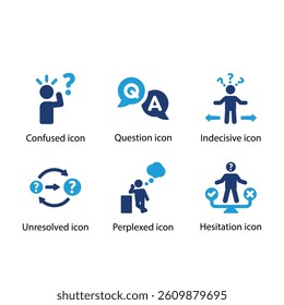 Confused, Question, Indecisive, Unresolved, Perplexed, Hesitation, Blue Icon Set