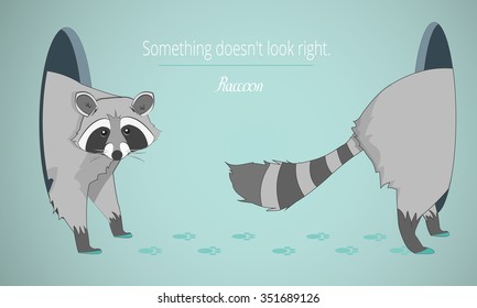 Confused Raccoon walking through the room in a blue background. Vector Illustration.