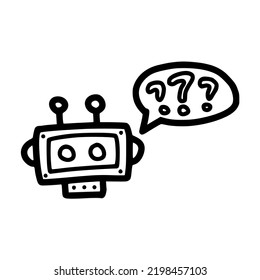 confused respond bot chat with three question marks in bubble lineart vector illustration icon design with doodle hand drawn style