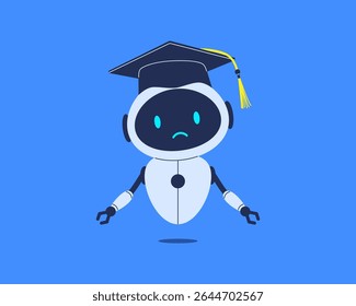 Confused robot in student cap with arms out. Vector illustration for AI assistant, academic questions and education theme