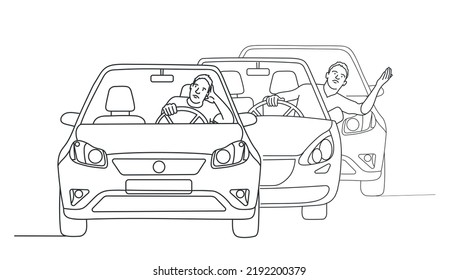 Confused sad man driver sitting in car. Aggressive man driver scream and shout beep in car on road. Traffic jam and road situation concept. Hand drawn vector illustration. Black and white.