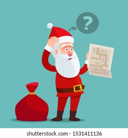 Confused Santa Claus holding paper map, thinking bubble with question mark over head. Santa get lost and need help. Vector illustration, flat design cartoon style. Isolated background.  