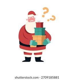 Confundido Santa Claus sosteniendo la pila de cajas de regalos con signos de interrogación ilustración