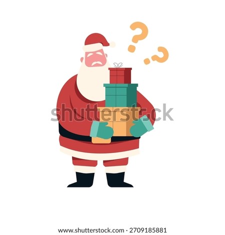 Confused Santa Claus holding stack of gifts boxes with question marks illustration