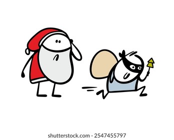 Confused Santa Claus watches as the thief runs away with a bag of gifts. Vector illustration of a spoiled Christmas. Children and adults will not receive toys for the new year. 