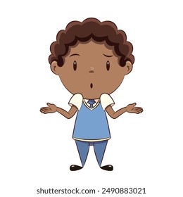 Confused schoolboy shrugging shoulders, vector illustration