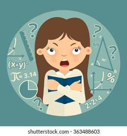 Confused schoolgirl with textbook in her hands. Math. Vector illustration