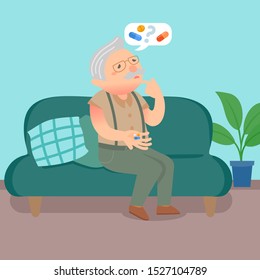 Confused senior man can't remember whether or not he took his pills illustration.