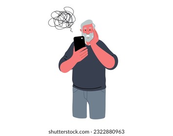 Confused senior man is holding mobile phone and having troubles.Old people and problems with modern technology.Vector illustration in flat,cartoon style on white background