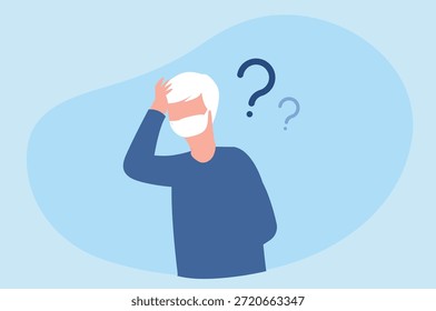 Hombre mayor confundido con signo de interrogación Cerebro humano, pérdida de memoria y problema de salud mental. Terapia de neurología. Vector