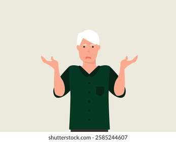 Confused senior man shrugging shoulders and spreading his hands. Concept for confusion, problems,  blaming someone and playing the innocent. vector and illustration.