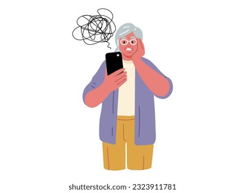 Confused senior woman is holding mobile phone and having troubles.Old people and problems with modern technology.Vector illustration in flat,cartoon style on white background