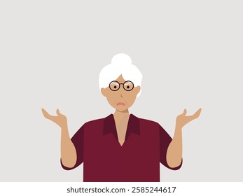 Confused senior woman shrugging shoulders and spreading his hands. Concept for confusion, problems,  blaming someone and playing the innocent. vector and illustration.