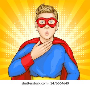 Confused and shocked caucasian super boy in face mask and hero blue suit and red canopy on shoulder looking with surprising pop art vector. Sale in childrens shop concept