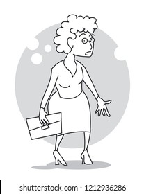Confused or Shocked Woman Stands With Handbag In Her Hand. Cartoon vector illustration