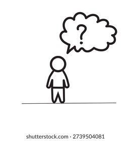 Confused Stick Figure Thinking with Question Mark Speech Bubble Line Icon Illustration