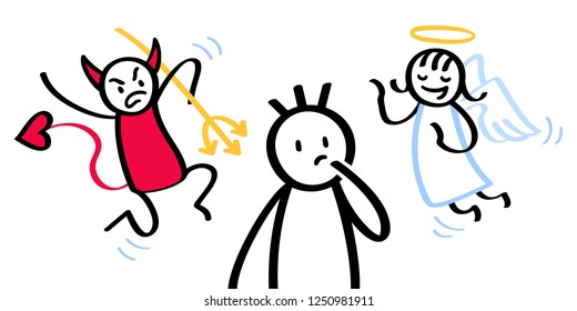 Confused stick man with conflicting shoulder angel and devil isolated on white background